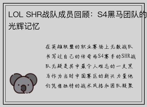 LOL SHR战队成员回顾：S4黑马团队的光辉记忆