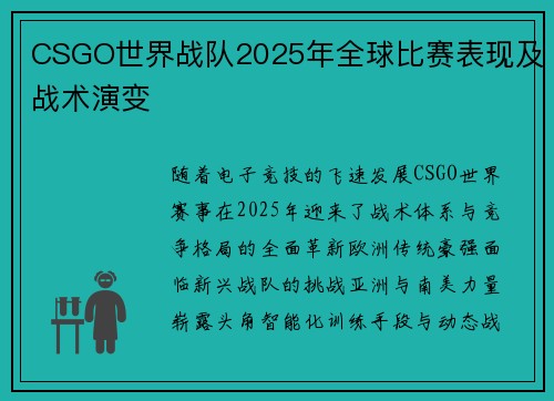 CSGO世界战队2025年全球比赛表现及战术演变